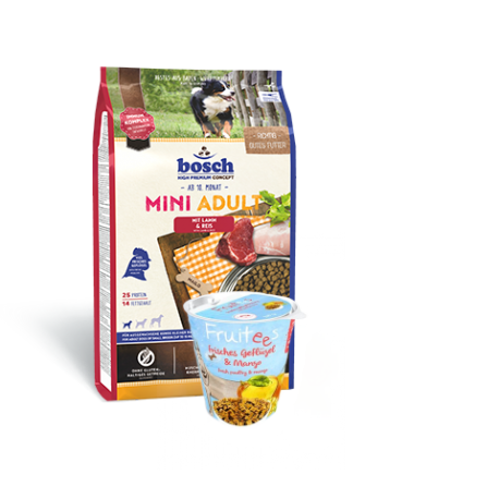 bosch MINI ADULT Lamb & Rice 3kg + Fruitees Mango 200g